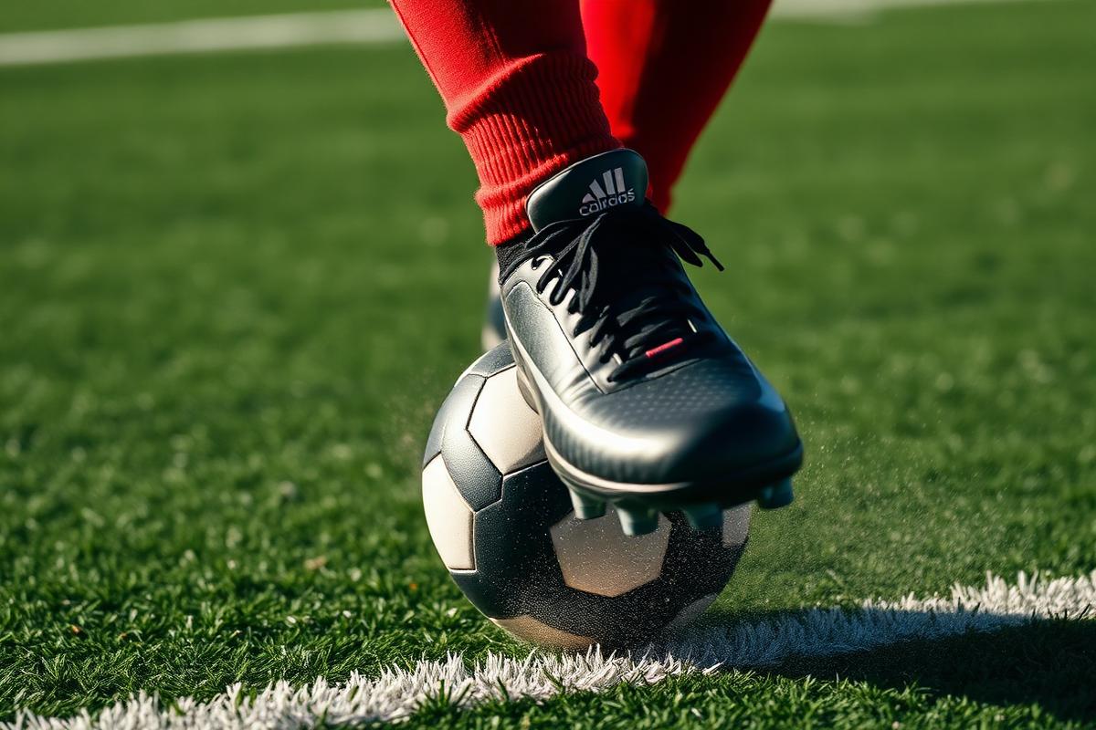 Football boot striking a ball on a green pitch